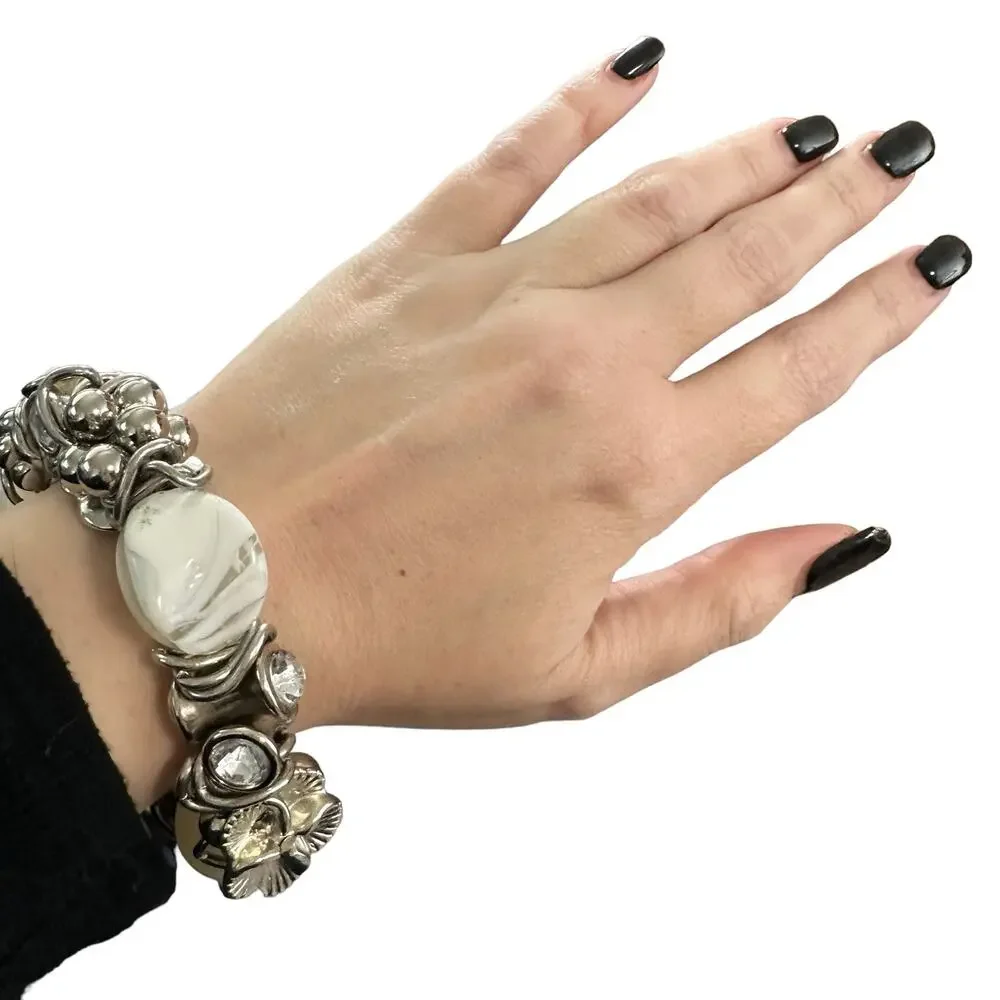 Vintage 90s Silver Tone And Glass Stone Chunky Stretch Bracelet